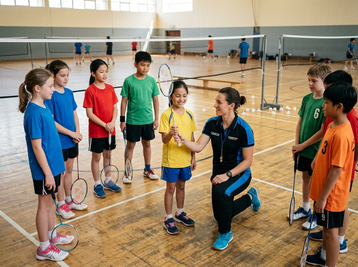 Entraîneur diplômé d’État apprenant le badminton à des enfants au gymnase